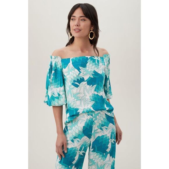 TRINA TURK Equinox 2 Top blouse in tranquil turquoise off the shoulder size XL - Picture 1 of 9